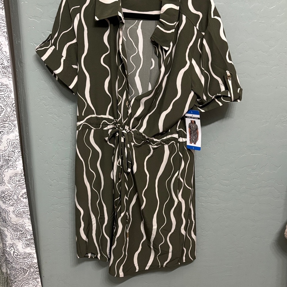 H by Halston Olive Green and White Wave-Print Mini Dress